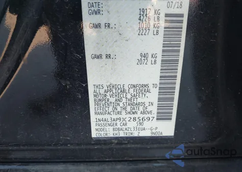 2018 Nissan Altima 2.5 Sr from USA, damaged, VIN 1N4AL3AP9JC285697